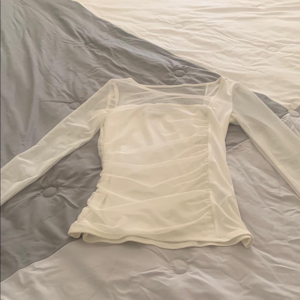 DKNY Cream Sheer Long Sleeve Ruched Blouse